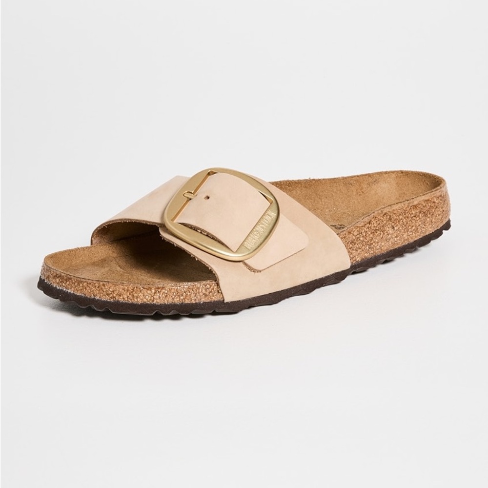 Birkenstock Madrid Big Buckle Slide in Beige with Gold Buckle